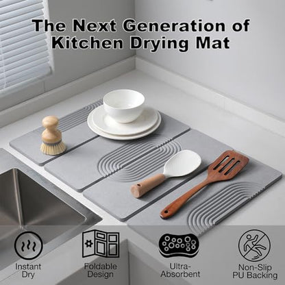 Large Stone Dish Drying Mat for Kitchen Counter,Collapsable Stone Dish Drying Mat with Diatomaceous Earth for Quick Drying-Ultra Absorbent-Eco-Friendly,Foldable -23.6"×15.7" Light Gray Curved Grooves - color: HXTY-Light Gray