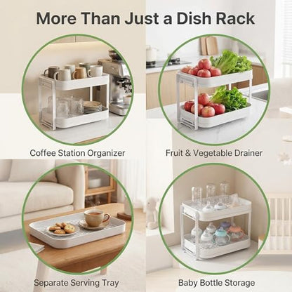 2-Tier Cup Drying Rack with Removable Drainboard, Rust-Proof Iron Mug Organizer, Multi-Purpose Bottle Drying Stand for Baby Bottles, Fruits, Vegetables, Countertop Space Saver, White