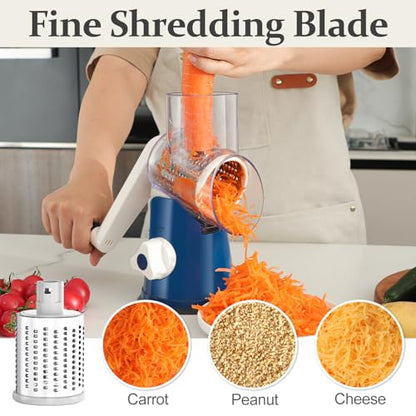 Cambom Rotary Cheese Grater Hand Crank Cheese Shredder for Fresh Cheese, Vegetable, Nuts,Non-slip Suction Base, Five Blades, Dark Blue - color: Dark Blue, size: 5 BLADES