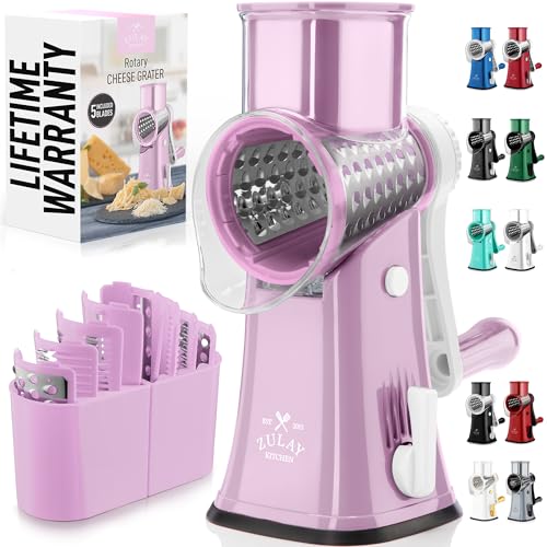 Zulay Kitchen Rotary Cheese Grater 5 Blade Cheese Shredder - Manual Hand Crank Cheese Grater With Reinforced Suction & 5 Interchangeable Drums - Easy to Use, Vegetable Chopper Round Mandoline Slicer - color: Pink and White