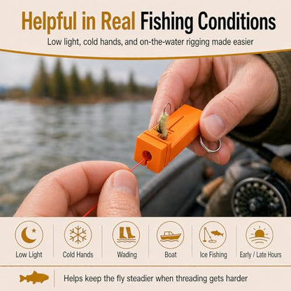 Fly Fishing accessories- Magnetic Fly Threader Bright Orange, 4-Slot Precision Threading Tool for Fly and Ice Fishing, Lightweight Plastic Hook Threader with Keychain for Wading Low Light Cold Hands | Magnetic Fly Threader for Tiny Hook Eyes, Cold Hands,