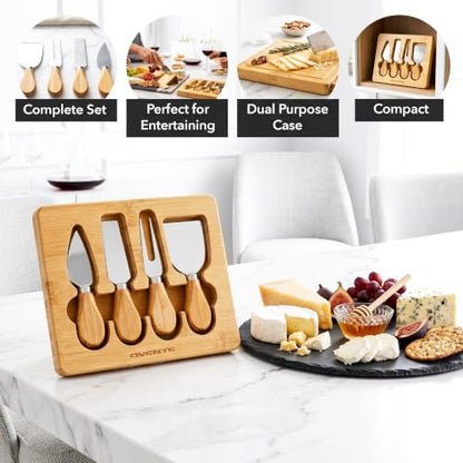 OVENTE 4 Piece Cheese Knife Set with Bamboo Handle & Wooden Case, Complete Stainless Steel Charcuterie Knives, Ideal Cheese Slicer, Spread & Butter Cutter for Party and Holiday Gift, Brown KCS5974B