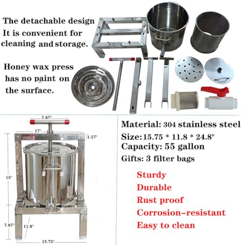 Honey Press Extractor Wax Machine Stainless Steel Honey Press Beeswax Machine Manual Large Bee Honey Presser Fruit Wine Press For Honey Wine Juice Vegetables Olive Oil Making