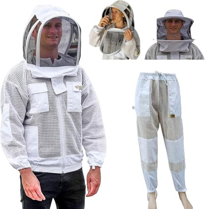 Beekeeping Suit Jacket, Pants/Trousers with 2 Veils Fencing Hood & Round Brim Hat, Ventilated 3 Layer Mesh Costume - size: 7X-Large