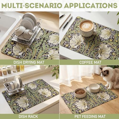 LemonRoad Dish Drying Mat for Kitchen Counter, 12"x20" Absorbent Mat with Morris Pattern, Diatomite Drainer Drying Mats with Non-slip Backing for Coffee Bar Kitchen Sink Countertop - style: Morris Pattern