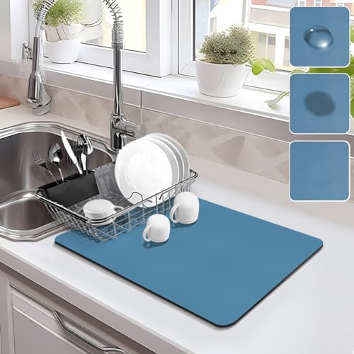 Drying Mat for Kitchen Countertops, Coffee Mat Hide Stain Rubber Backed Absorbent Dish Drying Mat - color: Blue, size: 12" x 16"