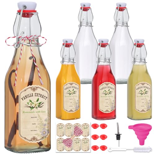 Alotpower 6 Pack 8oz Square Swing Top Glass Bottles with Airtight Lids | Flip Top Glass Bottles for Vanilla Extract,Home Brewing,Kombucha,Vinegar,beer, oda,beverages - Included Complete Brewing Kit - color: 6pack, size: 8fl.oz