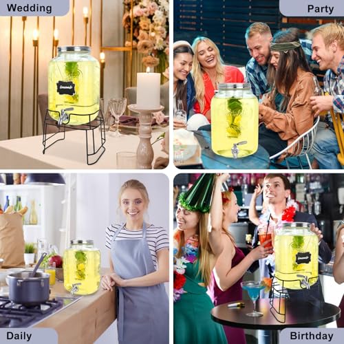 2 Gallon Glass Drink Dispensers For Parties,Beverage Dispensers With Stand And 100% Leakproof Stainless Steel Spigot.Glass Water Jug Dispenser,Lemonade Dispenser,Mason Jar. - size: 2 Gallon Single With Stand