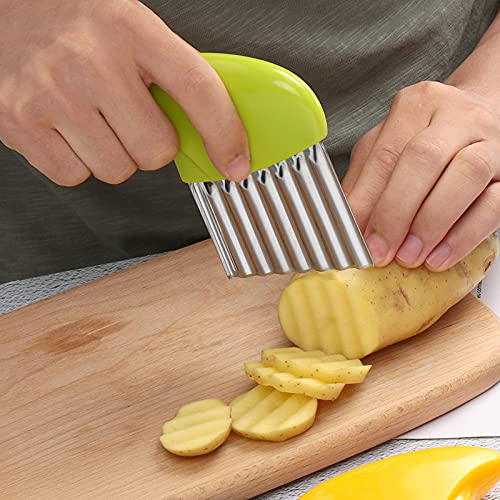 Luomorgo Stainless Steel Potato Crinkle Cutter Knife Set | 1 Fork Slicing Helper, 3 Carrot Wavy Knife, French Fry Slicer, Vegetable Wavy Chopper - color: Green & Pink & Blue & Orange