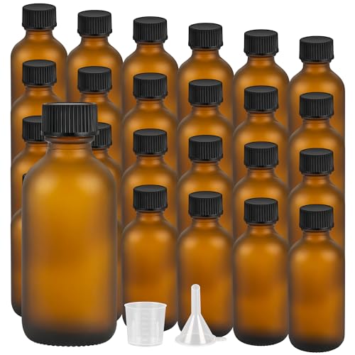 ZBCCCEOB 2 oz Small Glass Bottles with Lids, Boston Round Shot Bottles for Ginger Juice, Essential Oils - Leak Proof Mini Travel Containers(Amber Frosted, 24Pack) - color: Amber Frosted, size: 2oz 24