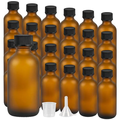 ZBCCCEOB 2 oz Small Glass Bottles with Lids, Boston Round Shot Bottles for Ginger Juice, Essential Oils - Leak Proof Mini Travel Containers(Amber Frosted, 24Pack) - color: Amber Frosted, size: 2oz 24