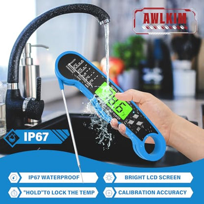 AWLKIM Meat Thermometer Digital, Instant Read Thermometer, Blue | Grill, BBQ, candy and baking thermometer with backlit display, foldable probe and magnetic storage. - color: Blue