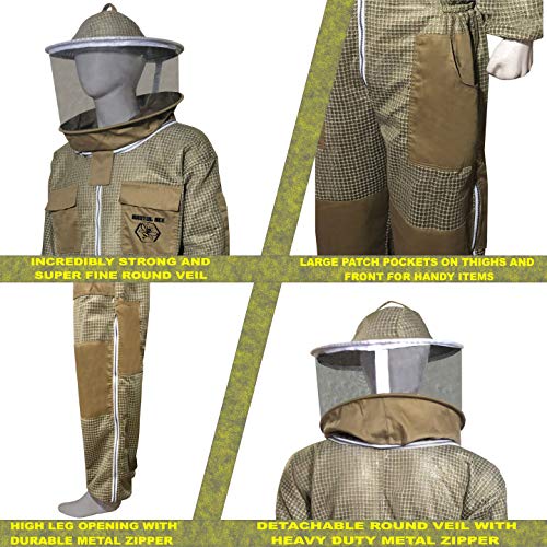 Brutul Bee 3 Layer Beekeeping Ultralight Ventilated Suit With Round Veil (KHAKI, 2XL) - color: Khaki, size: XX-Large