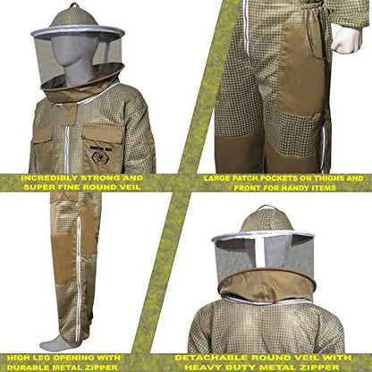 Brutul Bee 3 Layer Beekeeping Ultralight Ventilated Suit With Round Veil (KHAKI, L) - color: Khaki, size: Large