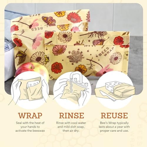 Bee's Wrap Beeswax Wraps for Food - Meadow Magic Sandwich Bag & Snack Bag, Made in USA Reusable & Organic Food Wraps, Sandwich Wrap - Plastic Free Eco-Friendly Alternative to Aluminum Foil