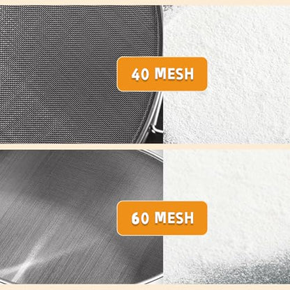 3-Piece Fine Mesh Sieve Set with brush and spatula, Stainless Steel Round Flour Sifter for Baking, Straining and Sifting, Includes 8-Inch 60 Mesh, 6-Inch 40 Mesh and 4-Inch 40 Mesh Sieves