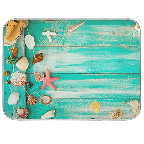 Absorbent Dish Drying Mat for Kitchen Counter - Green Shells on the wood board Microfiber Drying Pad, Reversible Drainer Mats for Countertop, Medium 16 x 18 inch - color: 27 Green Shells on the wood board, size: M