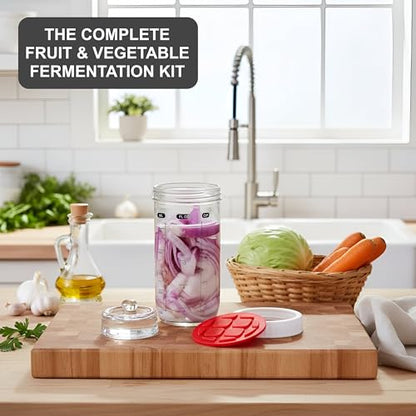 Fermentation Kit with Mason Jar – Fermentation Lids & Glass Weight, Burping Lids for Mason Jars, Easy Vegetable Fermenting Jar Starter Set for Pickles & Sauerkraut