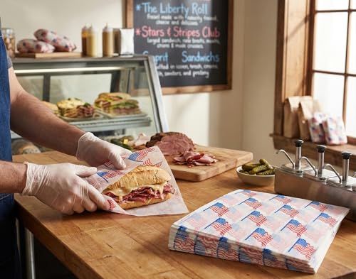 MADE IN USA 1,000 Sheets of Grease-Resistant Food Grade Waxed Kraft Deli Tissue Paper, 12" X 12" (USA Flag Print) - color: USA Flag Print