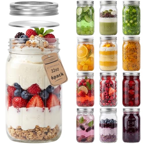 CycleMore Wide Mouth Mason Jars 32 oz, 12 Pack Large Glass Mason Jar with Metal Airtight Lids and Bands, 1 Quart Canning Jars for Pickling, Fermenting, Food Storage & DIY Projects - size: 32oz - 12 Pack