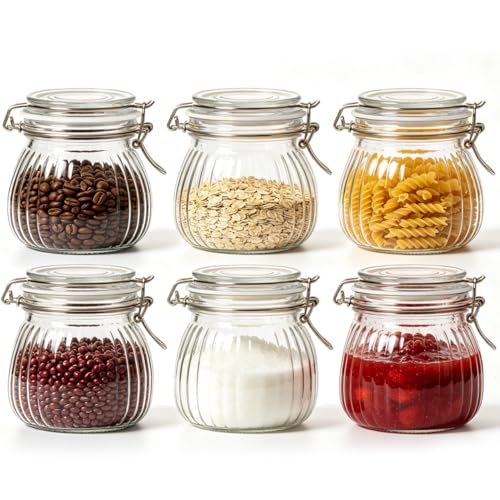 ComSaf 6-Pack 17oz Ribbed Glass Storage Jars with Airtight Clamp Lids, Decorative Wide Mouth Pint Canisters for Jam, Spices, Nuts, Coffee Beans, Snacks, Honey - Kitchen Pantry and Drawer Organization - size: 17oz*6-Ribbed
