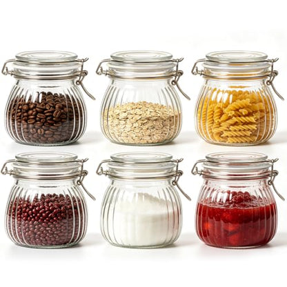 ComSaf 6-Pack 17oz Ribbed Glass Storage Jars with Airtight Clamp Lids, Decorative Wide Mouth Pint Canisters for Jam, Spices, Nuts, Coffee Beans, Snacks, Honey - Kitchen Pantry and Drawer Organization - size: 17oz*6-Ribbed