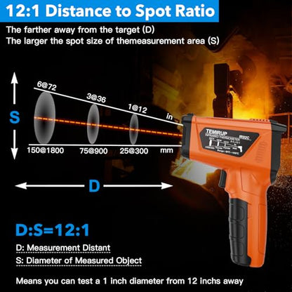 Infrared Thermometer Gun, TEMIRUP Digital Laser Temperature Gun, -58°F to 1472°F, Non Contact IR Temp Gun with Color LCD for Industrial, Cooking, Griddle, Engine, HVAC,Adjustable Emissivity & Humidity - color: Orange -58°F~1472°F (-50°C~800°C)