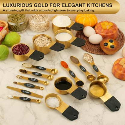Gold Magnetic Measuring Cups & Spoons Set of 16, 7 Stainless Steel Measuring Cups, 8 Double-Sided Measuring Spoons & 1 Leveler, Premium Finish Baking Tools Kitchen Gadget for Dry & Liquid Ingredients - color: Gold