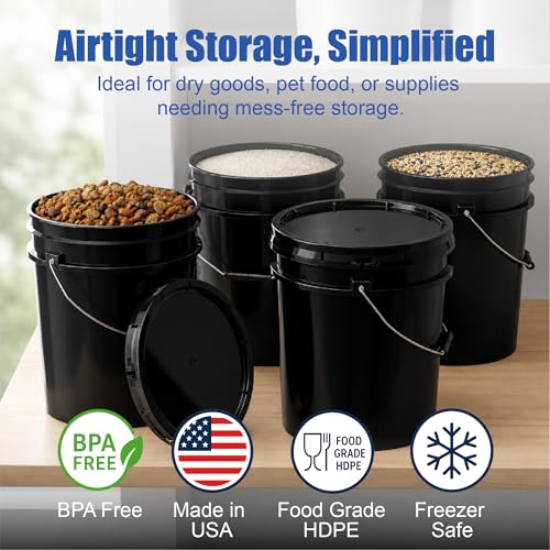 ePackageSupply 5 Gallon Bucket - Food Grade w/Lid BPA-Free, 6 Pack - Black | Airtight Gasketed Tear Strip Lid, Heavy-Duty 90 Mil HDPE Plastic Pail, Bulk Storage, Food Safe Durable Container, Made in USA - color: Black, size: 6 Packs