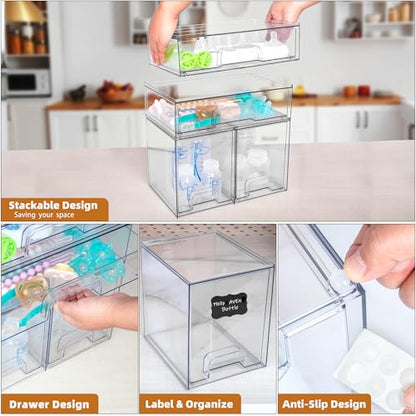 Baby Bottle Organizer, 4 Pack Stackable Storage Drawers with Labels, Clear Station Organizers Container for Pacifiers, Pump Parts, Desk Organizer Bins for Bathroom, Cabinet, Pantry, Vanity, Countertop - style: 2 High+2 Wide