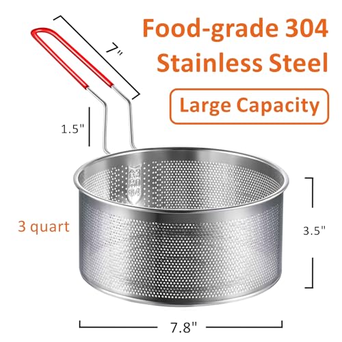 Yimi Deep Fryer Basket 304 Stainless Steel for Frying French Fries Cooking | 7.8''x4.1'' Round Frying Baskets with Heat Resistant Silicone Handle for Kitchen Cooking, Serving Food, 3-Quart - size: 7.8'' Deep Fry Basket