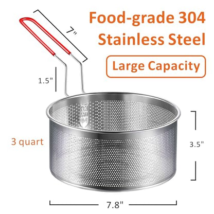Yimi Deep Fryer Basket 304 Stainless Steel for Frying French Fries Cooking | 7.8''x4.1'' Round Frying Baskets with Heat Resistant Silicone Handle for Kitchen Cooking, Serving Food, 3-Quart - size: 7.8'' Deep Fry Basket