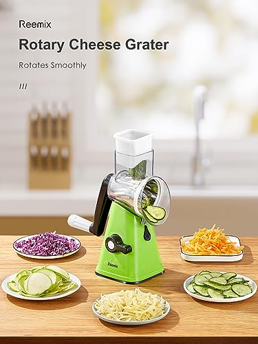 Rotary Cheese Grater with Handle, Reemix Vegetable Cheese Shredder Slicer Grater for Kitchen 3 Changeable Blades for Cheese Potato Zucchini Nuts Chocolate (Green) - color: Green