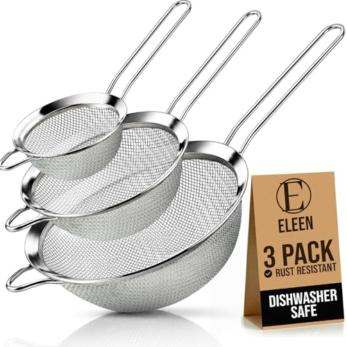 ELEEN Premium Stainless Steel Fine Mesh Strainers for Kitchen 3-Piece Set with Non-Slip Handle, Small, Medium & Large Sieves, Colanders and Sifter for Sifting, Straining, Pastas Tea, Rice Vegetables