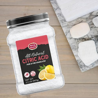 Citric Acid 2.2 LB Jar - Pure, All Natural, Food Grade, Non-GMO Citric Acid Powder for Cleaning, Bath Bombs, Preserving | Fine Granular & Premium Quality by Spicy World