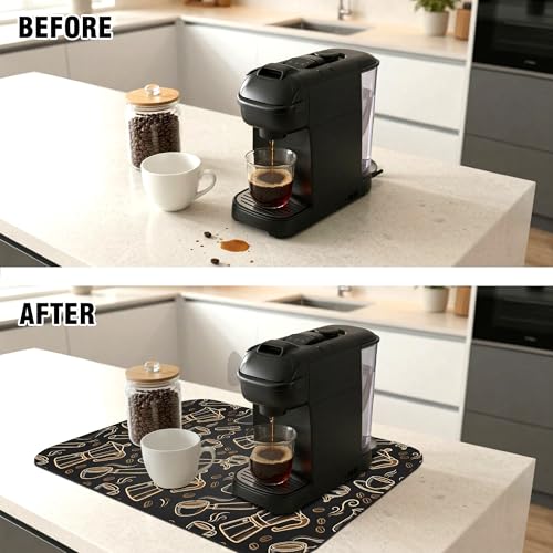 Black and Gold Coffee Tool Coffee Drying Mat 12" x 19", Absorbent Waterproof Coffee Station Mat, Protects Countertops from Spills Stains for Coffee Makers and Home Baristas - color: Black and Gold