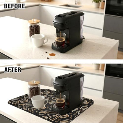 Black and Gold Coffee Tool Coffee Drying Mat 12" x 19", Absorbent Waterproof Coffee Station Mat, Protects Countertops from Spills Stains for Coffee Makers and Home Baristas - color: Black and Gold