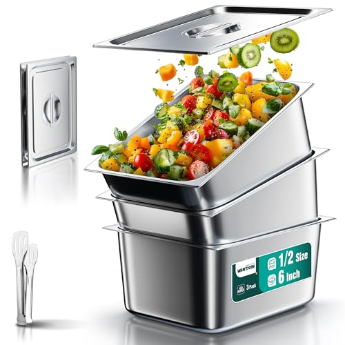 WantJoin Steam Table Hotel Pans with Lid 1/2 Half Size 6 Inch Deep 3 Pack, Stainless Steel Metal Tray Sets Food Storage Container, Commercial Restaurant Buffet Chafing Dishes Warmer Catering Supplies - color: 6" Deep 3 Pack, size: 1/2 Size