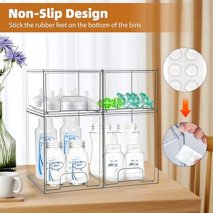 Baby Bottle Organizer, Stackable Storage Drawers with Label, Clear Station Organizers Container for Pacifiers, Pump Parts, Desk Organizer Bins for Bathroom, Cabinet, Pantry, Vanity, Countertop, 4 Pack - style: 2 High+2 Small