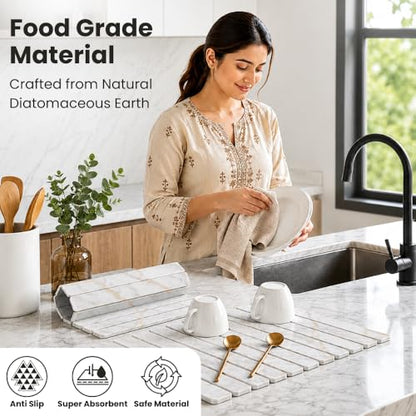 Large Stone Dish Drying Mat for Kitchen Counter, Foldable & Super Absorbent Diatomaceous Earth Drying Pad for Dishes, Cups, Bottles with Anti-Slip Mesh & Quick Dry (White Marble 24"L x 16"W) - color: White Marble