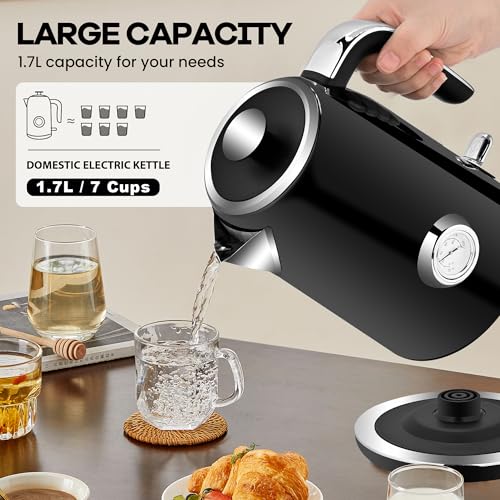 PUKOMC Electric Kettle, 1.7L Stainless Steel Tea Kettle with Temperature Gauge, 1500W Water Boiler with LED Light, BPA-Free, Auto Shut-Off and Boil-Dry Protection (Black) - color: Black