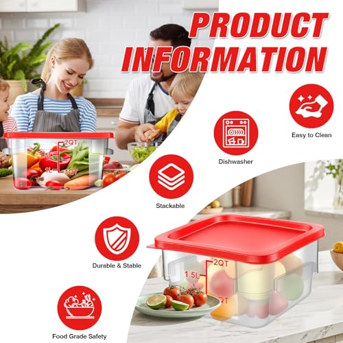 Square Storage Container with Lid, Commercial Box with Measurement Marks & Handle, for Baking, Dough Proofing, Meat Brining, Kitchen Tool (Red, 2QT-4PACK) - size: 2QT-4PACK