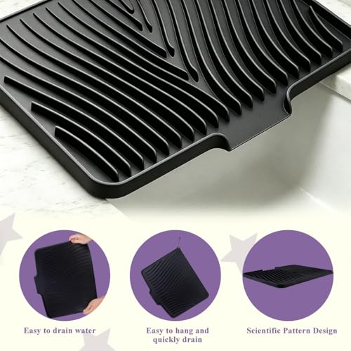 Silicone Dish Drying Mat for Kitchen Counter,16"X13" With Built-in Drain Lip,Food-Grade Silicone, Heat-Resistant Eco-friendly Hygienic Drying Mat Leak-Proof and Non-Slip, Multi-Functional Use（Black） - color: Black, size: 16" x 13"