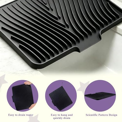 Silicone Dish Drying Mat for Kitchen Counter,16"X13" With Built-in Drain Lip,Food-Grade Silicone, Heat-Resistant Eco-friendly Hygienic Drying Mat Leak-Proof and Non-Slip, Multi-Functional Use（Black） - color: Black, size: 16" x 13"