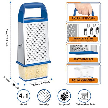 Urbanstrive Cheese Grater With Container, Professional Cheese Grater with Handle, Stainless Steel Graters for Kitchen Handheld, Box Grater with 4 Sides for Vegetables, Ginger, Potatoes (Dark Blue) - color: Dark Blue
