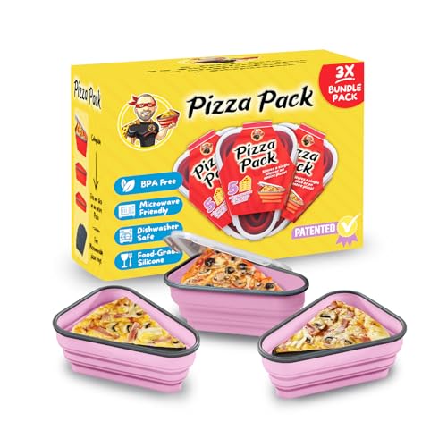 PIZZA PACK The Perfect Reusable Pizza Storage Container with 5 Microwavable Serving Trays - BPA-Free Adjustable Pizza Slice Container to Organize & Save Space, Pink 3 pk - color: Pink, size: 3 Pack