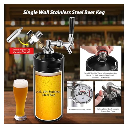 Home Brewing 3.6L(128OZ) Growler Tap System Mini Keg Beer Faucet Dispenser Pressurized Beer Keg with Co2 Regulator Keep Carbonation Brewing Accessories(Black) - color: Black