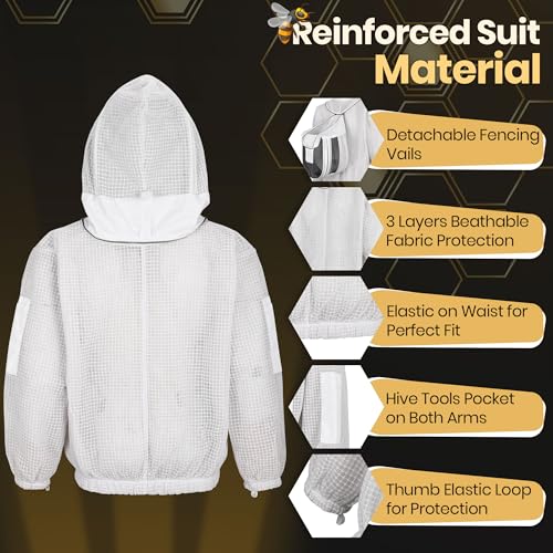 3 Layer Beekeeping Ventilated Jacket with Two Veils Jacket with Round Veil and Fencing Veil. - size: 2XL