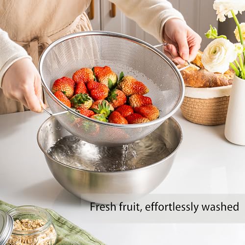 304 Stainless Steel Rice Washing Bowl and 40 Mesh Strainer Set, 3.5QT | 40-mesh strainer helps prevent grain loss while measurement marks and sturdy handles make rinsing and draining easier. - color: true