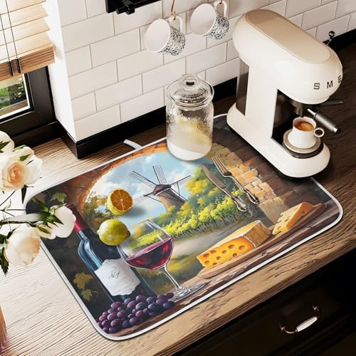 Red Wine Glasses with Grape Cheese Farm Dish Drying Mats for Kitchen Counter Absorbent Microfiber Dish Drying Matt 16 x 18 Inch Draining Reusable Rack Pad - size: 16x18in